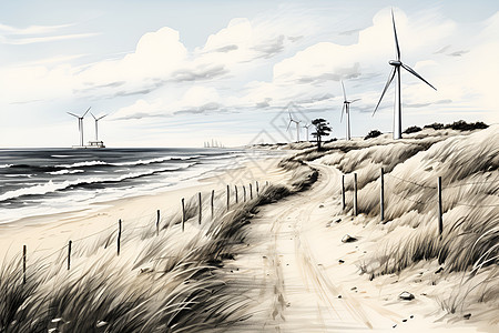 沙滩上的风力发电机图片