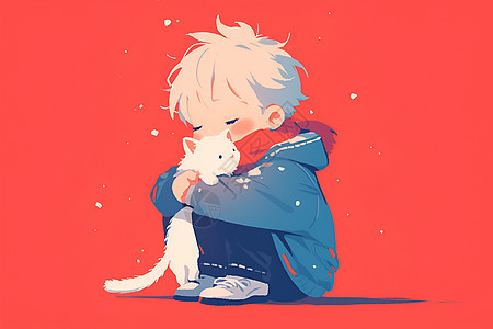抱着小白猫的男孩图片
