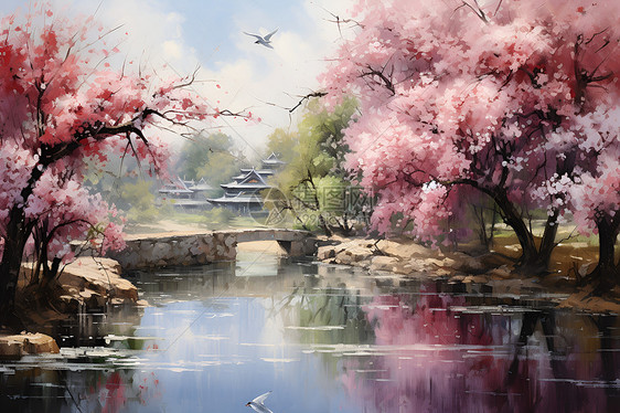 樱花树下的河流图片