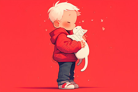 小男孩与小白猫图片