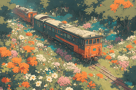 花海中行进的火车背景图片