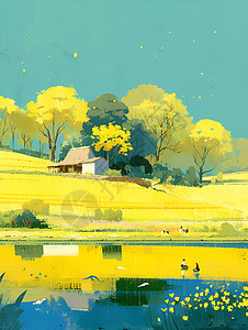 金黄麦田里的湖泊图片