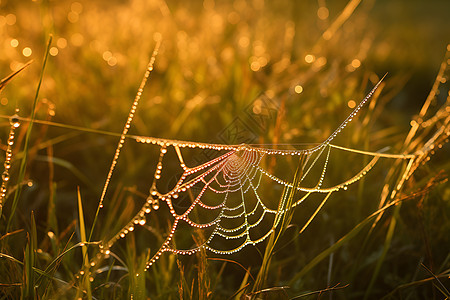 小草上的蜘蛛网图片
