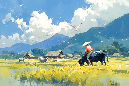 稻田中骑牛的农民图片