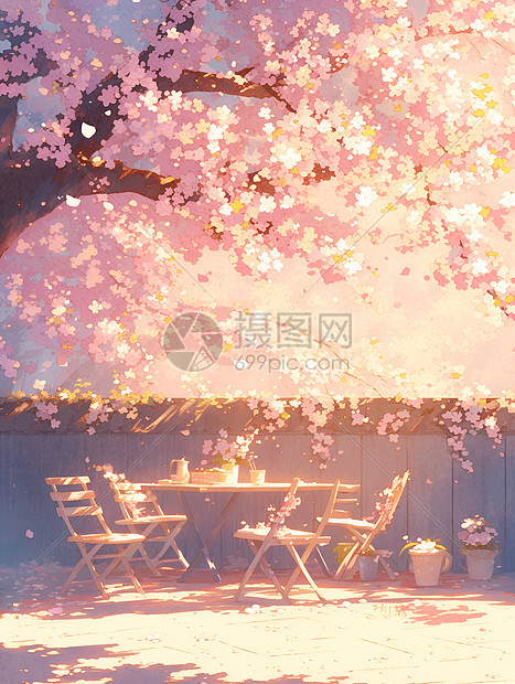 桃树下的桌椅图片