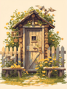 木板篱笆丛林小屋插画