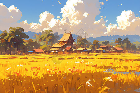 丰收稻田间的村落图片