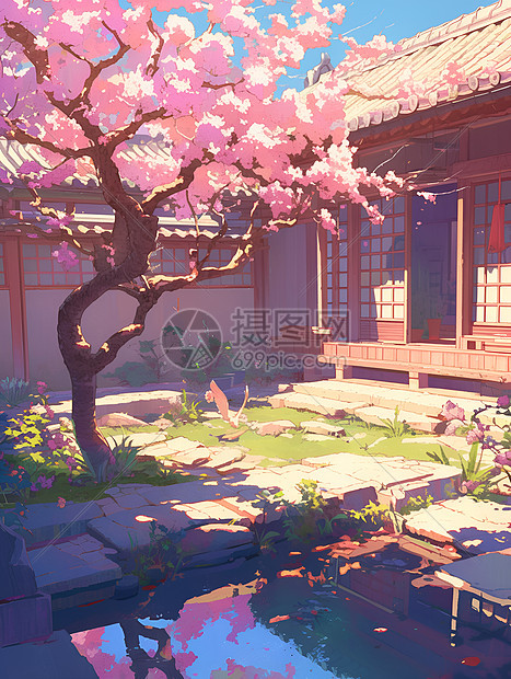 日式庭院里的花树水池图片