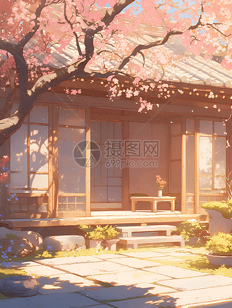 阳光下的日式庭院图片