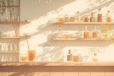 木质奶茶店吧台背景图片