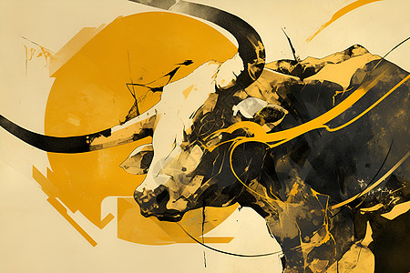 大黄金牛金色与黑色的传统与科技奇迹结合的动态水墨画背景图片