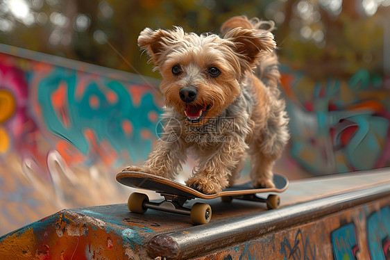 表演花式滑板的小狗图片
