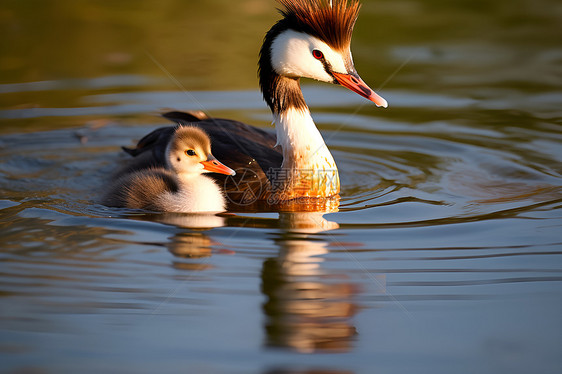 母鸭和小鸭在池塘中图片
