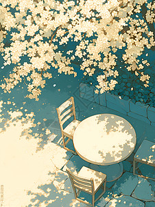 桃花园下的石桌椅图片