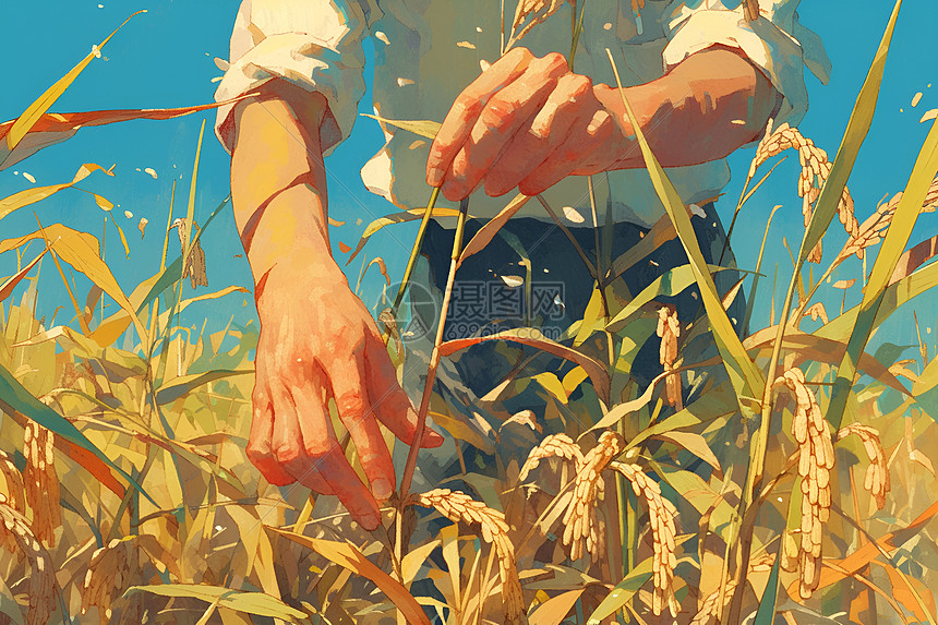 稻田中农民的手图片
