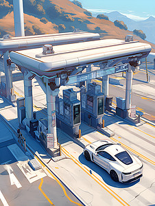 公路科技现代化的自动收费站插画