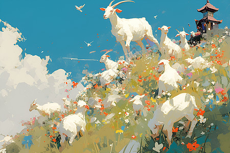 野花丛中嬉戏的小山羊图片