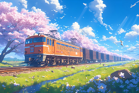 旅行路上的风景春天列车穿行花海插画