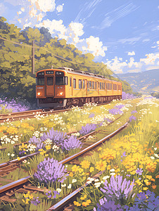 春风拂面列车穿行野花丛林图片
