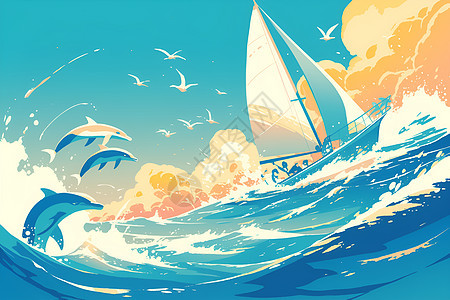 海上的帆船和海豚背景图片