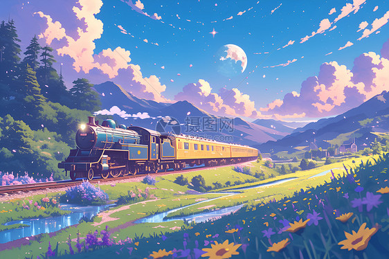 春天仙境中的魔幻列车图片