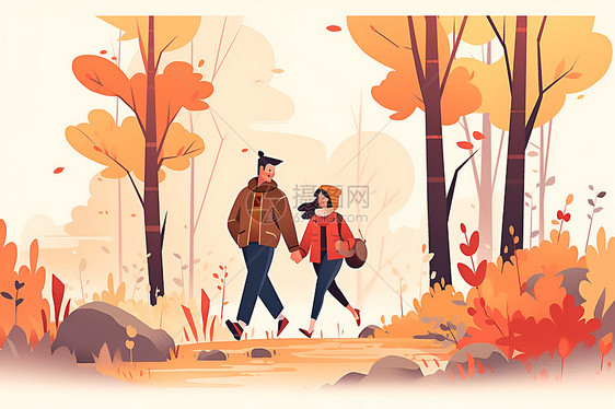 秋季徒步的情侣图片
