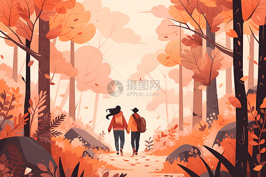 秋日林间情侣牵手步行插画图片下载-正版图片601120901-摄图网