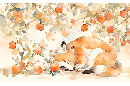 桃树下睡觉的狐狸背景图片