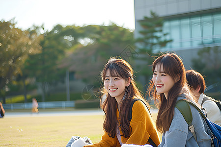两个女生坐在草地上图片