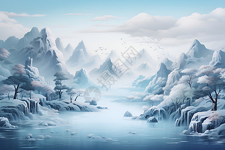 冬季山水画背景图片