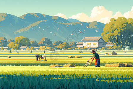 收割水稻的农民插画
