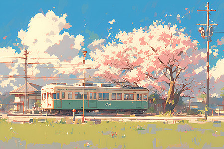 火车穿越在绿树间背景图片
