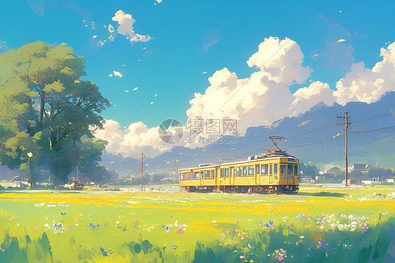 火车穿越绿野花海图片