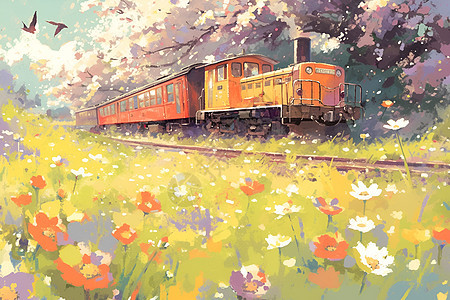 花丛中的火车图片