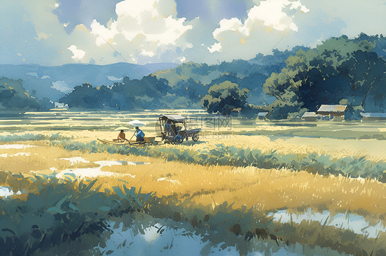 水稻田中的农民插画图片
