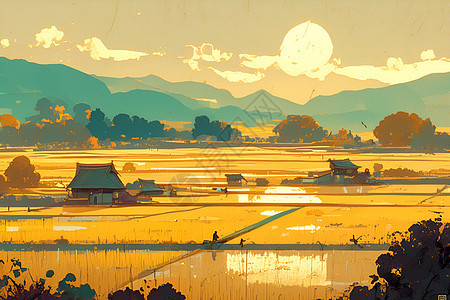 夕阳下的稻田插画图片