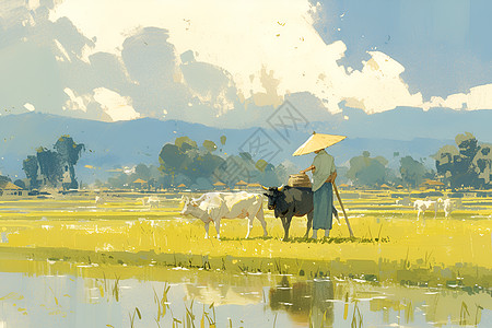稻田中的牛和农民图片