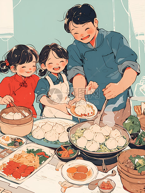 一起包饺子的家庭图片