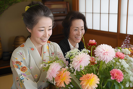 和服女孩插花图片