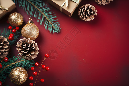 圣诞松树和松果背景图片