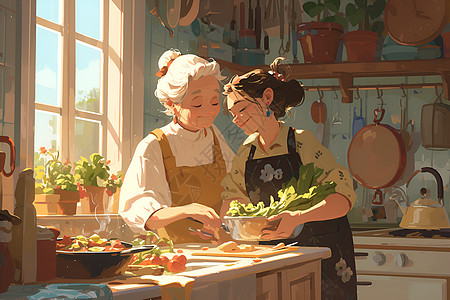 在厨房喝水两位家庭主妇在厨房插画