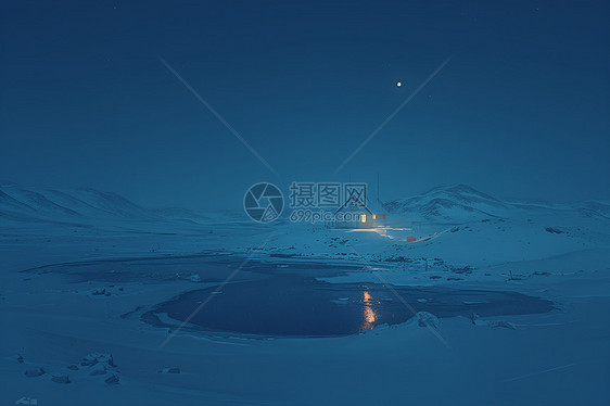 月夜中的雪地小屋图片