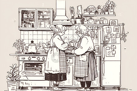 两位老年妇女在厨房背景图片