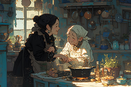 女孩和奶奶在厨房图片