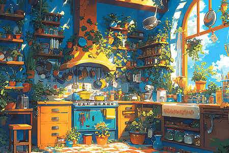 满是植物的厨房图片