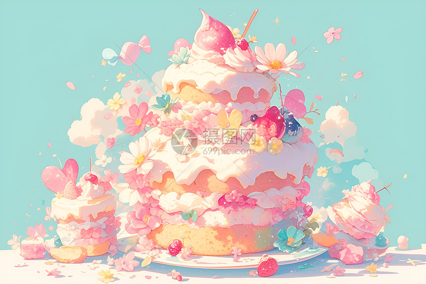 粉色果冻蛋糕上的花朵图片