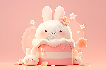 粉色果冻蛋糕上的兔子图片