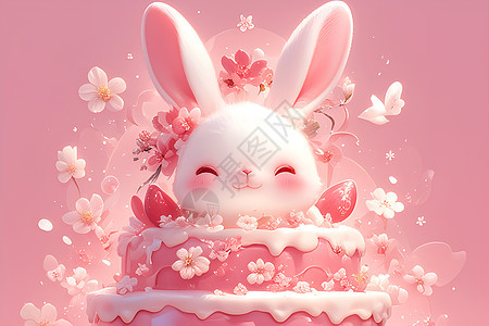 粉色蛋糕上的兔子背景图片