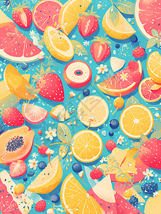 柠檬缤纷的水果盛宴在桌面插画