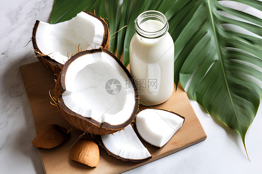 椰奶与切割开的椰子图片